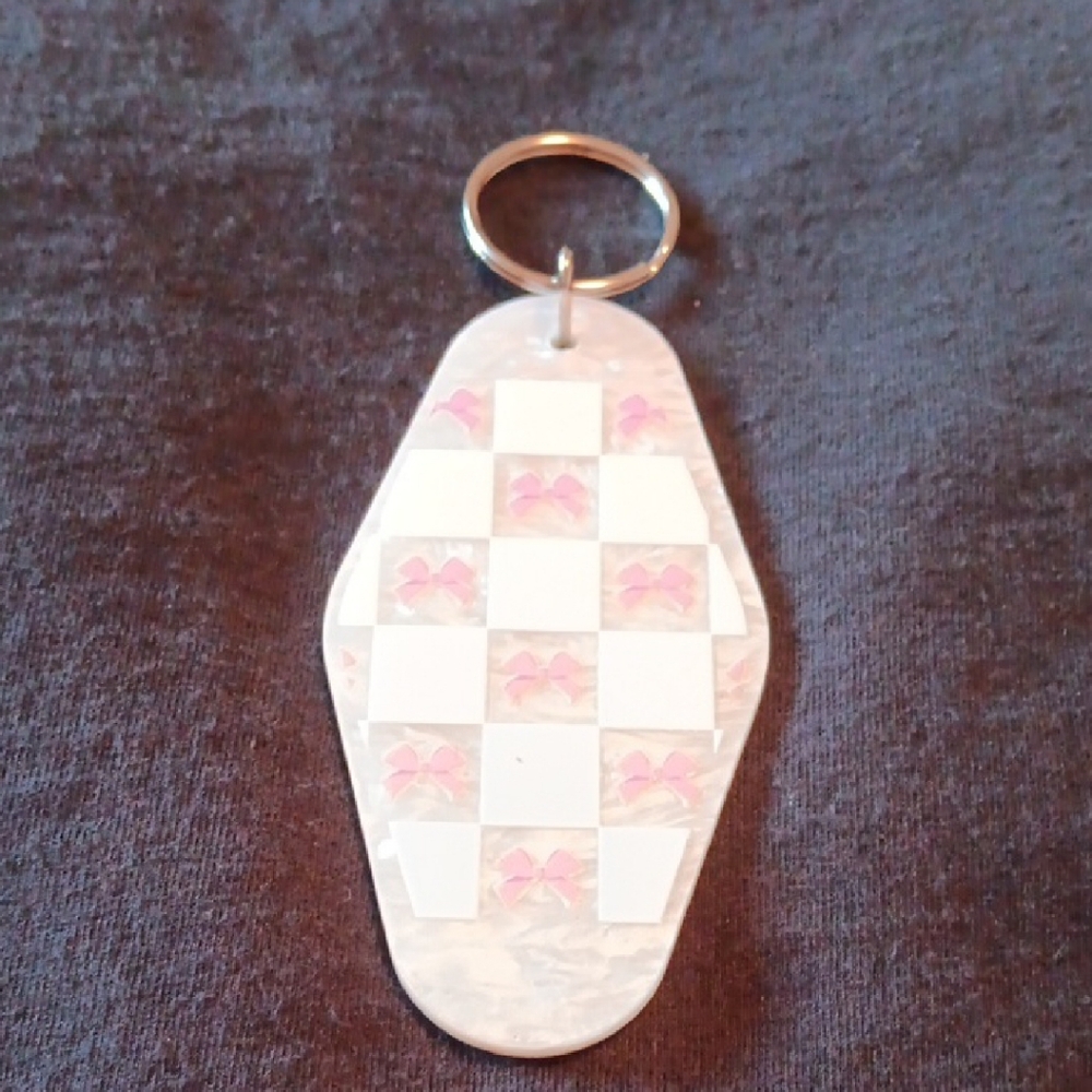 Checkered Keychain with Pink Accents